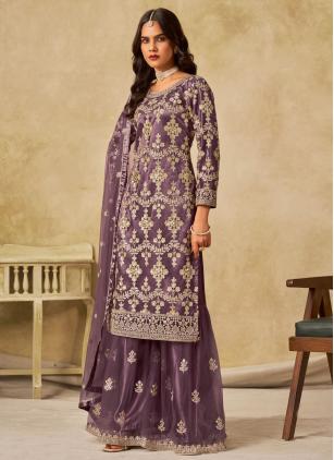 
                      Embroidered Purple Net Palazzo Style Suit