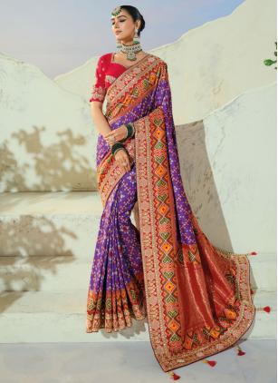 
                      Purple Patola Silk Cut Dana Work Contemporary Saree