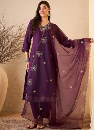 
                      Purple Silk Blend Embroidered Trendy Salwar Kameez
