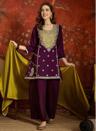 
                      Purple Vichitra Silk Embroidered Palazzo Salwar Suit