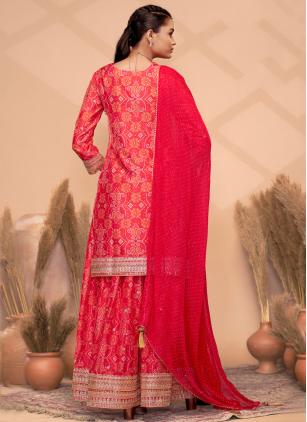 
                      Rani and Red Chinon Embroidered Designer Palazzo Suit