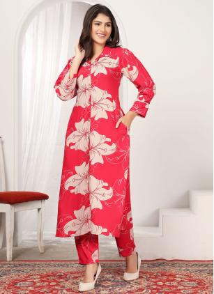 
                      Pink Rayon Print Casual Kurti