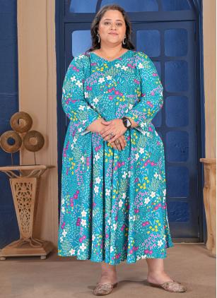 
                      Aqua Blue Rayon Printed Casual Plus Size Gown