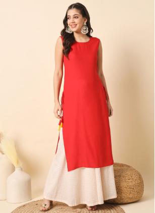 
                      Red Plain Rayon Designer Kurti for Casual