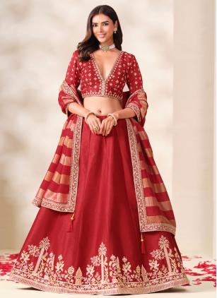 
                      Red Art Silk Embroidered Lehenga Choli For Engagement
