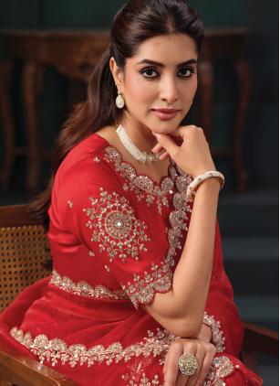 
                      Red Ceremonial Mirror Work Embroidered Wedding Saree