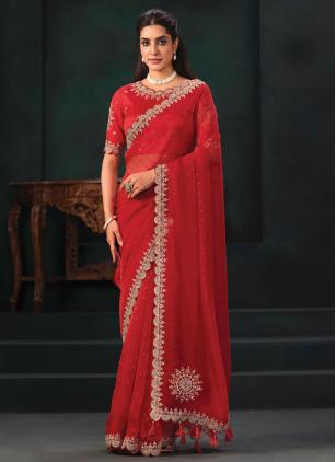 
                      Red Ceremonial Mirror Work Embroidered Wedding Saree