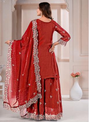 
                      Red Embroidered Fandy Readymade Salwar Kameez