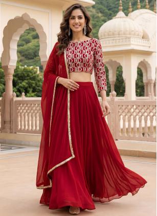 
                      Red Embroidered Georgette Lehenga Choli
