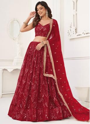
                      Red Embroidered Net Lehenga Choli for Festive