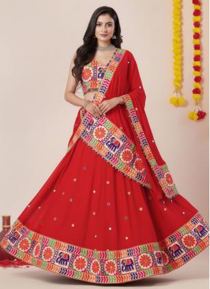 
                      Red Embroidered Rayon Lehenga Choli