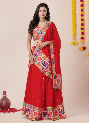 
                      Red Embroidered Rayon Lehenga Choli