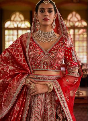 
                      Red Sequins Pearls Embroidered Silk Wedding Lehenga Choli