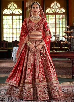
                      Red Sequins Pearls Embroidered Silk Wedding Lehenga Choli