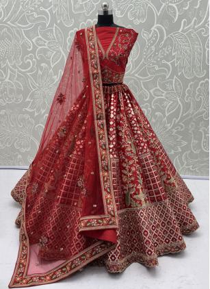 
                      Red Embroidered Silk Lehenga Choli For Bride