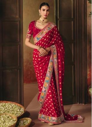 Red Engagement Beads Work Trendy Bridal Saree