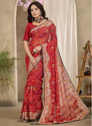 
                      Red Georgette Embroidered Trendy Saree
