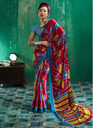 
                      Red Satin Ajrakh Print Classic Saree