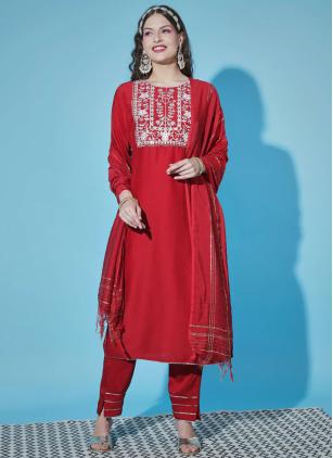 
                      Red Cotton Silk Blend Embroidered Salwar Suit