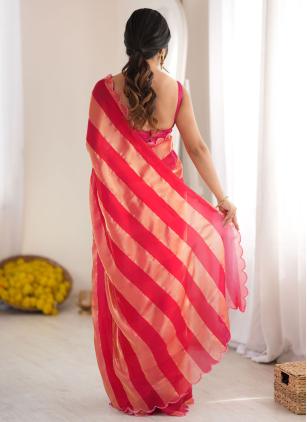 
                      Red Woven Stripe Contemporary Saree