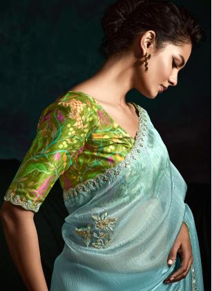 
                      Aqua Blue Embroidered Fancy Fabric Trendy Saree