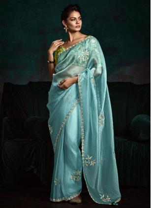 
                      Aqua Blue Embroidered Fancy Fabric Trendy Saree