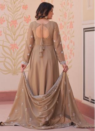 
                      Beige Embroidered Beads Work Georgette Long Sleeved Gown