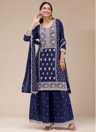
                      Blue Embroidered Faux Georgette Salwar Kameez