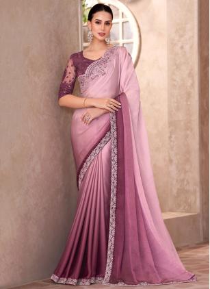 
                      Border Work Faux Georgette Pink Classic Saree