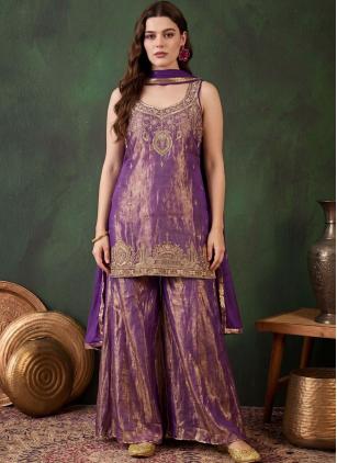 
                      Casual Purple Satin Embroidered Salwar Kameez