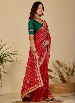 
                      Casual Red Bandhej Print Saree For Diwali