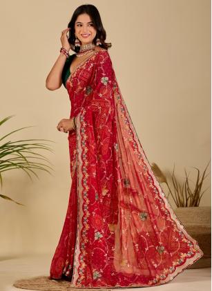 
                      Casual Red Georgette Bandhej Print Contemporary Saree