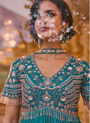 
                      Aqua Blue Beads Work Readymade Salwar Kameez