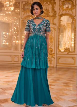 Aqua Blue Beads Work Readymade Salwar Kameez