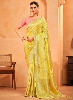 
                      Yellow Silk Weaving Classic Saree With Contrast Blouse