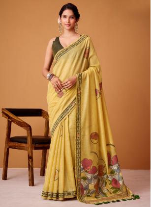 
                      Digital Print Cotton Yellow Saree for Casual