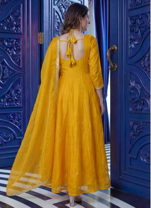 
                      Embroidered Fandy Silk Yellow Festival Gown
