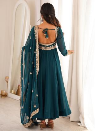 
                      Embroidered Georgette Teal Readymade Salwar Kameez