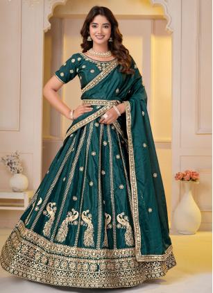 
                      Embroidered Green Chinon Trendy Lehenga Choli
