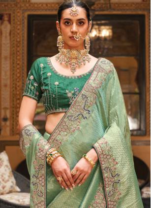 
                      Embroidered Sea Green Tissue Contemporary Saree