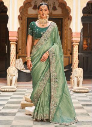 
                      Embroidered Sea Green Tissue Contemporary Saree