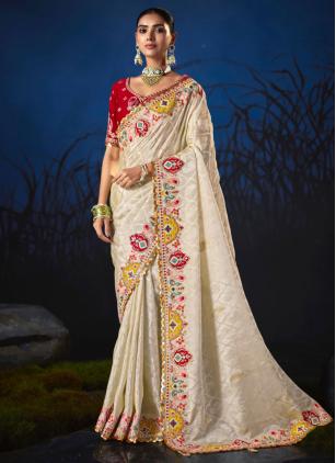 
                      Bridal Embroidered Weaving Work Silk Off White Classic Saree