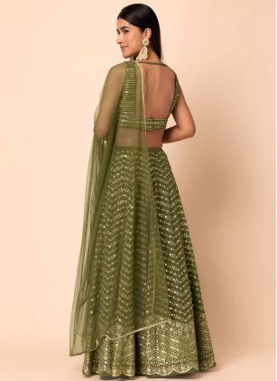 
                      Green Sequins and Thread Work Partywear Lehenga Choli