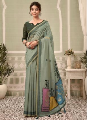 
                      Green Printed Cotton Saree For Casual