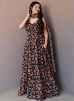 
                      Multi Colour Digital Print Organza Readymade Gown