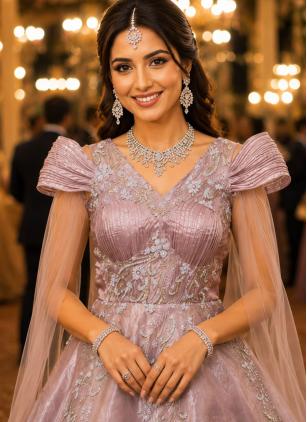 
                      Pink Embroidered Readymade Gown For Engagement
