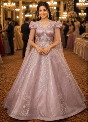 
                      Pink Embroidered Readymade Gown For Engagement