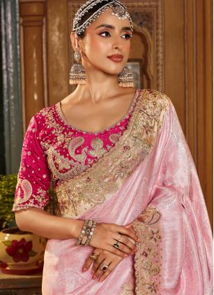 
                      Pink Embroidered Viscose Saree With Stitched Blouse