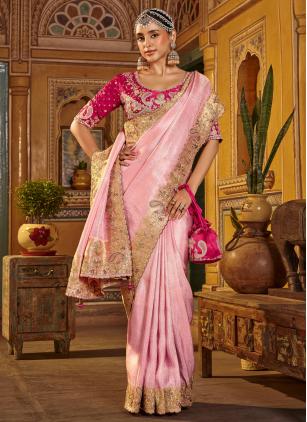 
                      Pink Embroidered Viscose Saree With Stitched Blouse