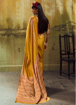 
                      Satin Mustard Printed Contemporary Saree
